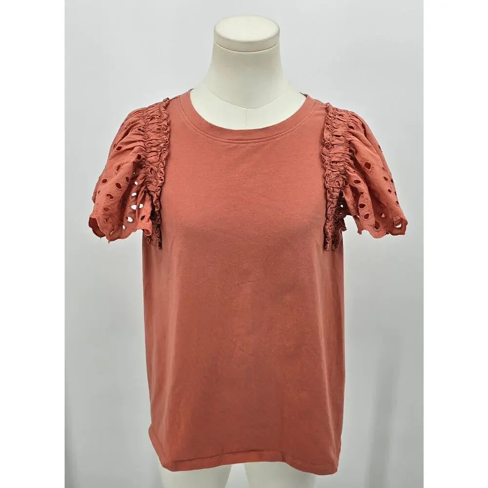 Express Minimalist Preppy‎ Rust Puff Sleeve Eyelet Tee